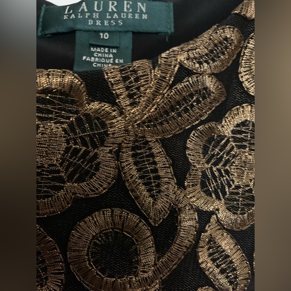 Lauren Ralph Lauren Formal Gold Black Embroidered Lace Dress Sz 10 - Picture 2 of 7